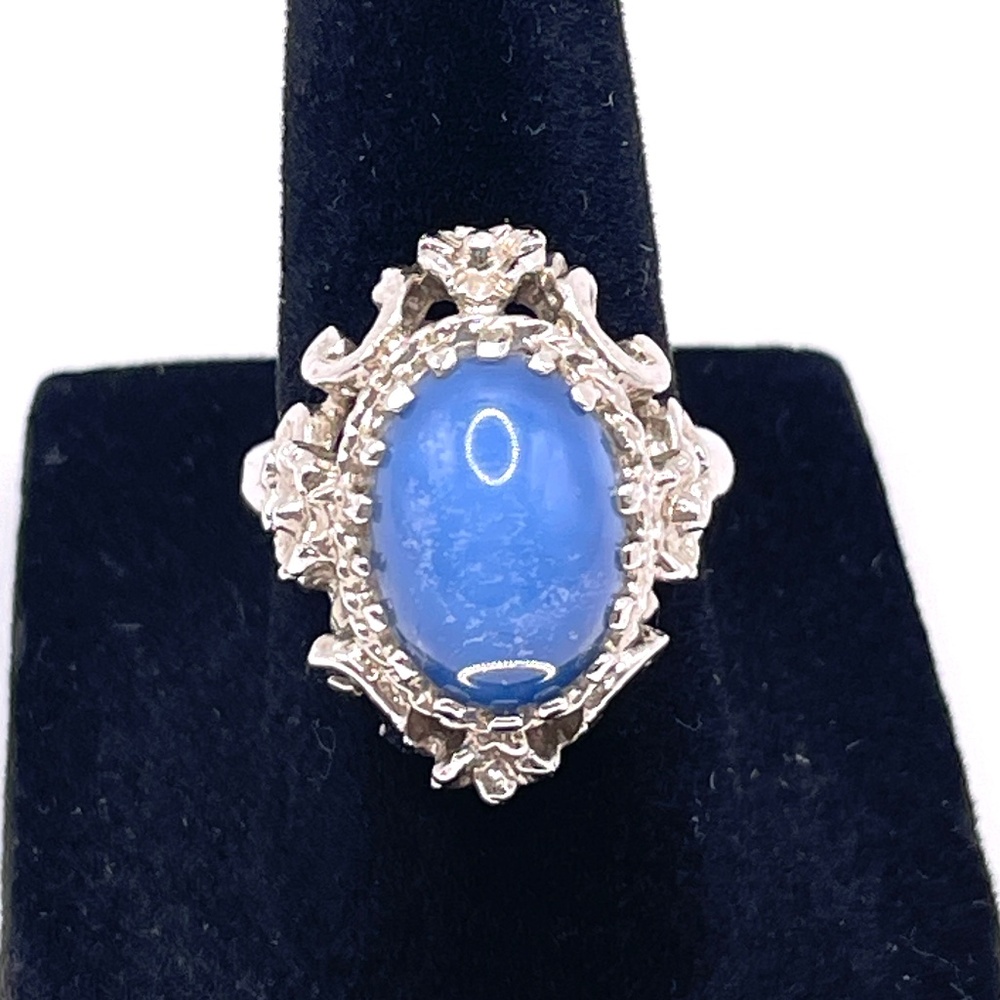Cocktail Ring Silver Tone HGE Faux Blue Sapphire Domed 6 1/2